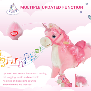 Kids Plush Rocking Horse Ride On Unicorn w/ Sound Moving Mouth Wagging Tail Children Rocker Toy Gift 36 - 72 Months Pink - Giant Lobelia