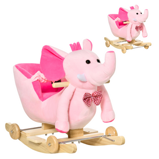 2 In 1 Plush Baby Ride on Rocking Horse Elephant Rocker with Wheels Wooden Toy for Kids 32 Songs (Pink) - Giant Lobelia