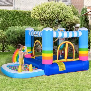 Kids Rainbow Bouncy Castle & Pool House Inflatable Trampoline w/ Blower Pump Outdoor Play Garden Activity Exercise Fun 3-8 Years 2.8 x 1.7 x 1.55m - Giant Lobelia