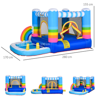 Kids Rainbow Bouncy Castle & Pool House Inflatable Trampoline w/ Blower Pump Outdoor Play Garden Activity Exercise Fun 3-8 Years 2.8 x 1.7 x 1.55m - Giant Lobelia