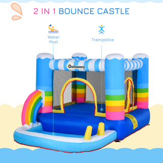 Kids Rainbow Bouncy Castle & Pool House Inflatable Trampoline w/ Blower Pump Outdoor Play Garden Activity Exercise Fun 3-8 Years 2.8 x 1.7 x 1.55m - Giant Lobelia