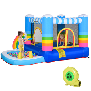 Kids Rainbow Bouncy Castle & Pool House Inflatable Trampoline w/ Blower Pump Outdoor Play Garden Activity Exercise Fun 3-8 Years 2.8 x 1.7 x 1.55m - Giant Lobelia