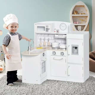 Kids Play Kitchen Wooden Toy Kitchen Cooking Set for Children with Drinking Fountain, Microwave, and Fridge White - Giant Lobelia