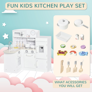 Kids Play Kitchen Wooden Toy Kitchen Cooking Set for Children with Drinking Fountain, Microwave, and Fridge White - Giant Lobelia