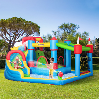 Kids Inflatable Bouncy Castle Water Slide 6 in 1 Bounce House Jumping Castle Water Gun Climbing Wall with Air Blower for Age 3-8, 3.9 x 3 x 2m - Giant Lobelia