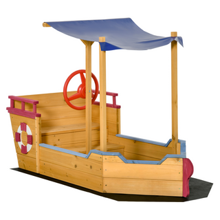 Kids Wooden Sand Pit Children Sandbox Pirate Ship Sandboat Play Station for Outdoor w/ Canopy Shade Storage Bench Bottom Liner - Giant Lobelia