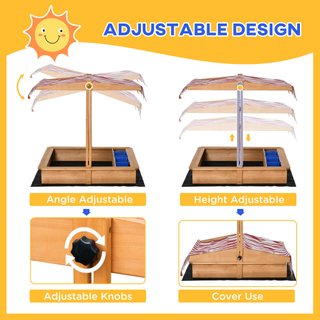 Kids Wooden Sandbox Sand Pit with Cover Children Sand Play Station Height Adjustable with Canopy, Bottom Liner, Plastic Basins for Outdoor Aged 3-7 Years - Giant Lobelia