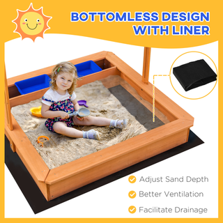 Kids Wooden Sandbox Sand Pit with Cover Children Sand Play Station Height Adjustable with Canopy, Bottom Liner, Plastic Basins for Outdoor Aged 3-7 Years - Giant Lobelia