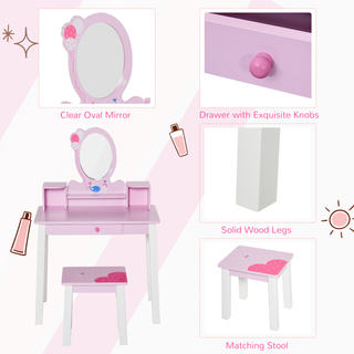 Kids Wooden Dressing Table and Stool Make Up Desk (Pink) - Giant Lobelia