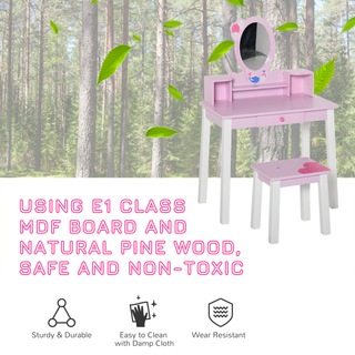 Kids Wooden Dressing Table and Stool Make Up Desk (Pink) - Giant Lobelia