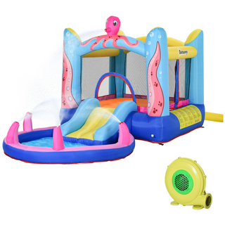 Kids Bounce Castle House Inflatable Trampoline Slide Water Pool 3 in 1 with Blower for Kids Age 3-8 Octopus Design 3.6 x 1.75 x 1.8m - Giant Lobelia