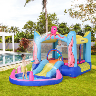 Kids Bounce Castle House Inflatable Trampoline Slide Water Pool 3 in 1 with Blower for Kids Age 3-8 Octopus Design 3.6 x 1.75 x 1.8m - Giant Lobelia