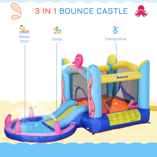 Kids Bounce Castle House Inflatable Trampoline Slide Water Pool 3 in 1 with Blower for Kids Age 3-8 Octopus Design 3.6 x 1.75 x 1.8m - Giant Lobelia