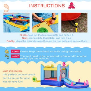 Kids Bounce Castle House Inflatable Trampoline Slide Water Pool 3 in 1 with Blower for Kids Age 3-8 Octopus Design 3.6 x 1.75 x 1.8m - Giant Lobelia