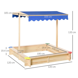 Kids Wooden Sandpit with Cover Children Square Sandbox Outdoor Backyard Playset Play Station Adjustable Canopy Bench Seat 120x120x120cm - Giant Lobelia