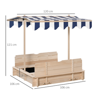 Kids Wooden Sand Pit with Lids Children Sandbox Height Adjustable Canopy for Garden, Convertible Bench Seat Outdoor Backyard Playset - Giant Lobelia