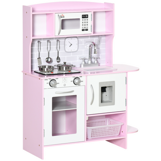 Children Wooden Play Kitchen w/ Lights Sounds, Kids Kitchen Playset w/ Water dispenser, Microwave, Utensils, Sink, Storage, for Ages 3-6 Years - Pink - Giant Lobelia