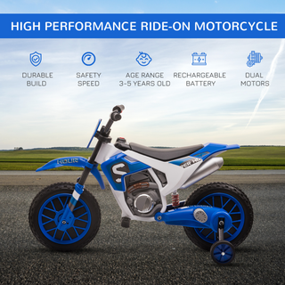 12V Kids Electric Motorbike Ride-On Motorcycle Vehicle Toy w/ Training Wheels, for Ages 3-5 Years - Blue - Giant Lobelia