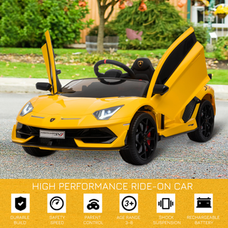 Compatible 12V Battery-powered 2 Motors Kids Electric Ride On Car Lamborghini Aventador Racing Car Toy with Parental Remote Control Music Lights Suspension Wheels for 3-8 Years Old Yellow - Giant Lobelia