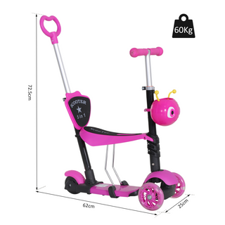 5-in-1 Kids Toddler 3 Wheels Mini Kick Scooter Push Walker with Removable Seat & Back Rest for Girls and Boys Pink - Giant Lobelia