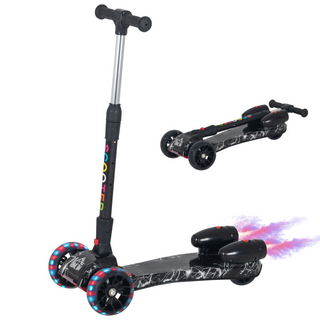 Scooter for Kids Toddler 3 Wheel Adjustable Height w/ Flashing Wheels Music Water Spray Foldable Kick Scooter for Boys and Girls 3 - 8 Yrs Black - Giant Lobelia