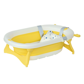 Collapsible Baby Bath Tub Foldable Ergonomic w/ Cushion Temperature Sensitive Water Plug Non-Slip Support Leg Portable for 0-3 Years, Yellow - Giant Lobelia