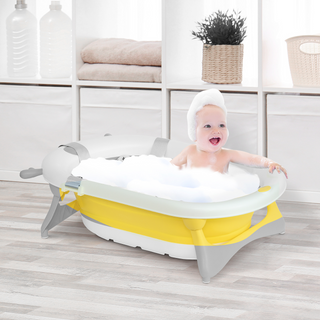 Collapsible Baby Bath Tub Foldable Ergonomic w/ Cushion Temperature Sensitive Water Plug Non-Slip Support Leg Portable for 0-3 Years, Yellow - Giant Lobelia