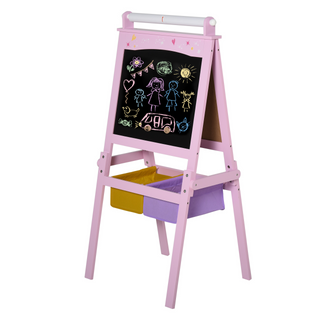 3 In 1 Kids Wooden Art Easel with Paper Roll Double-Sided Chalkboard & Whiteboard with Storage Baskets Gift for Toddler Girl Age 3 Years+ Pink - Giant Lobelia