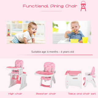 3 in 1 Convertible Baby High Chair Toddler Table Chair Infant Feeding Seat Removable Food Tray Safety Harness Pink - Giant Lobelia