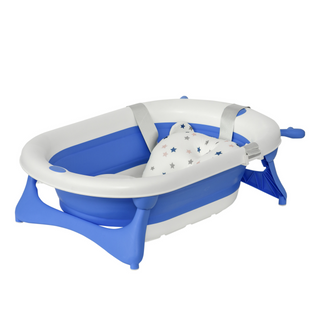 Collapsible Baby Bath Tub Foldable Ergonomic w/ Cushion Temperature Sensitive Water Plug Non-Slip Support Leg Portable for 0-3 Years, Blue - Giant Lobelia