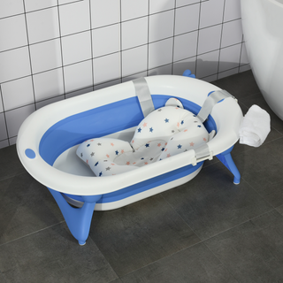 Collapsible Baby Bath Tub Foldable Ergonomic w/ Cushion Temperature Sensitive Water Plug Non-Slip Support Leg Portable for 0-3 Years, Blue - Giant Lobelia