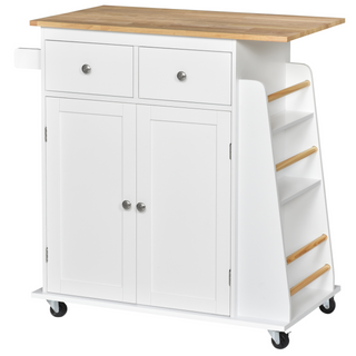 Kitchen Island Storage Cabinet Rolling Trolley with Rubber Wood Top, 3-Tier Spice Rack, Large Cabinet & Drawers - Giant Lobelia