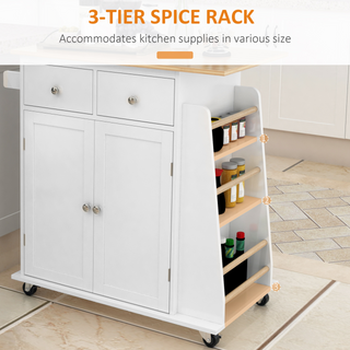 Kitchen Island Storage Cabinet Rolling Trolley with Rubber Wood Top, 3-Tier Spice Rack, Large Cabinet & Drawers - Giant Lobelia