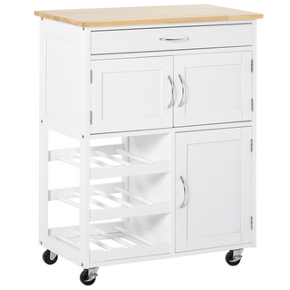 Modern Kitchen Trolley, Rolling Island Storage Cart with Drawer, 9-bottle Wine Rack, Door Cabinets, Wooden Countertop, White - Giant Lobelia