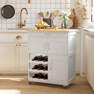 Modern Kitchen Trolley, Rolling Island Storage Cart with Drawer, 9-bottle Wine Rack, Door Cabinets, Wooden Countertop, White - Giant Lobelia