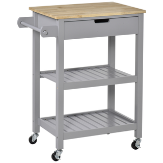 Kitchen Trolley Utility Cart on Wheels with Rubberwood Worktop, Towel Rack, Storage Shelves & Drawer for Dining Room, Grey - Giant Lobelia