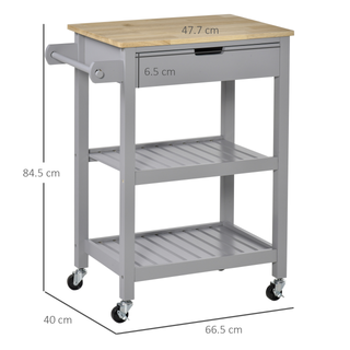 Kitchen Trolley Utility Cart on Wheels with Rubberwood Worktop, Towel Rack, Storage Shelves & Drawer for Dining Room, Grey - Giant Lobelia