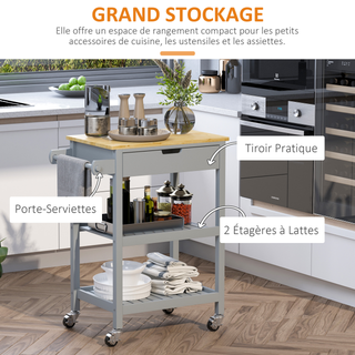 Kitchen Trolley Utility Cart on Wheels with Rubberwood Worktop, Towel Rack, Storage Shelves & Drawer for Dining Room, Grey - Giant Lobelia