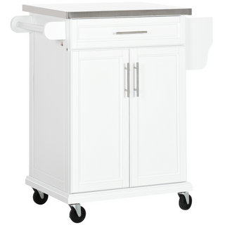 Wooden Kitchen Island on Wheels, Serving Cart Storage Trolley with Stainless Steel Top, Drawer, Side Handle and Rack, White - Giant Lobelia