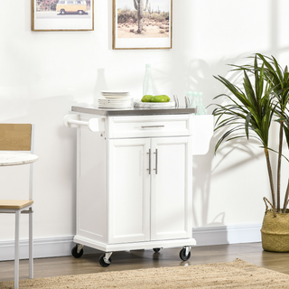 Wooden Kitchen Island on Wheels, Serving Cart Storage Trolley with Stainless Steel Top, Drawer, Side Handle and Rack, White - Giant Lobelia