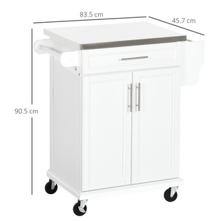 Wooden Kitchen Island on Wheels, Serving Cart Storage Trolley with Stainless Steel Top, Drawer, Side Handle and Rack, White - Giant Lobelia