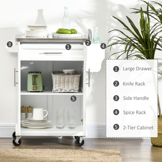 Wooden Kitchen Island on Wheels, Serving Cart Storage Trolley with Stainless Steel Top, Drawer, Side Handle and Rack, White - Giant Lobelia