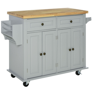 Rolling Kitchen Island Storage Trolley with Rubber Wood Top & Drawers for Dining Room, Grey - Giant Lobelia