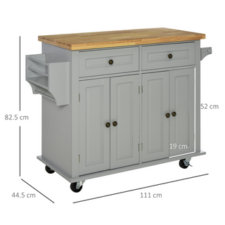 Rolling Kitchen Island Storage Trolley with Rubber Wood Top & Drawers for Dining Room, Grey - Giant Lobelia