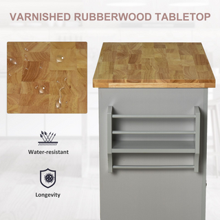 Rolling Kitchen Island Storage Trolley with Rubber Wood Top & Drawers for Dining Room, Grey - Giant Lobelia