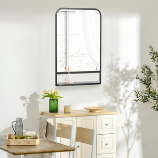 Square Wall Mirror with Storage Shelf, 86 x 53 Modern Mirrors for Bedroom, Living Room, Black - Giant Lobelia