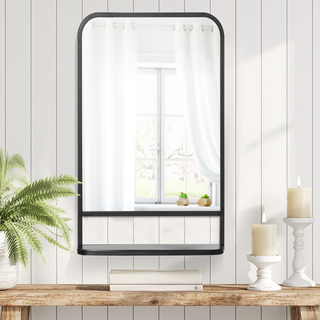 Square Wall Mirror with Storage Shelf, 86 x 53 Modern Mirrors for Bedroom, Living Room, Black - Giant Lobelia