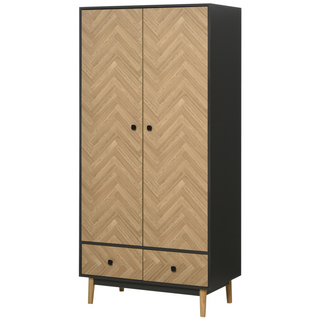 Modern Wardrobe Cabinet Wood Grain Sticker Surface with Shelf, Hanging Rod and 2 Drawers 90x50x190cm - Giant Lobelia