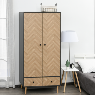 Modern Wardrobe Cabinet Wood Grain Sticker Surface with Shelf, Hanging Rod and 2 Drawers 90x50x190cm - Giant Lobelia