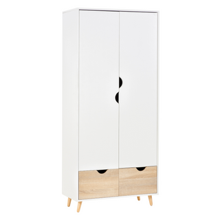 2-Door Clothes Wardrobe w/ Rail Shelf 2 Drawers Wood Feet Elegant Home Storage Organisation Furniture Dresses Coats Blankets Shoes White - Giant Lobelia